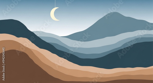Abstract Mountain Landscape with Crescent Moon at Night.