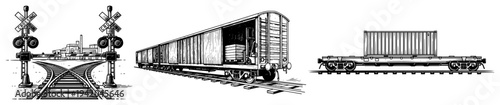 Hand drawn sketch of freight train cars and railroad crossing with crossing signs