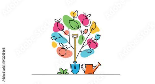 Colorful stylized fruit tree with a garden shovel and a watering can on a white background representing spring planting and backyard gardening hobby.