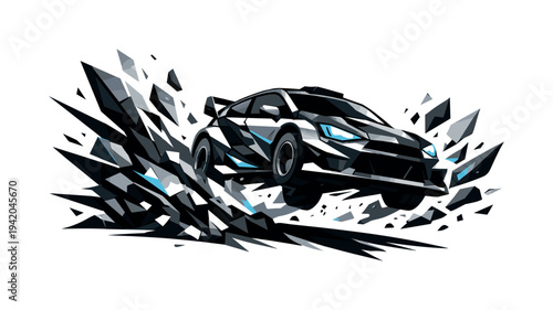 Low-poly vector illustration of a rally car breaking through the jump apex, bold angular silhouette cutting forward as polygonal