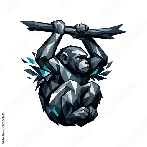 Low-poly vector illustration of a monkey preparing to swing from a branch, compact angular posture with knees tucked and arms