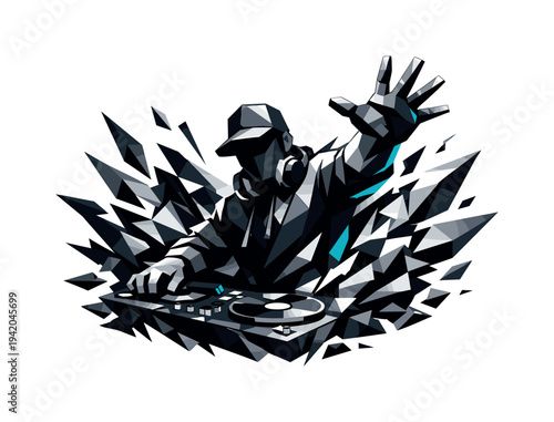 Low-poly vector illustration of a DJ breaking through with a dominant hand wave moment, bold angular silhouette commanding the