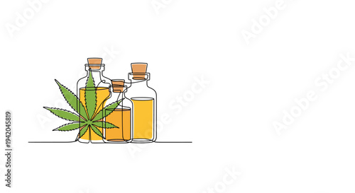 Three bottles of CBD oil with different sizes and a green hemp leaf shown in a clean continuous line drawing style for natural health products.