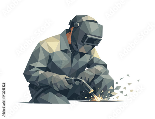 Low-poly vector illustration of a welder finishing the weld as sparks fade, torch lowered slightly with balanced angular posture,
