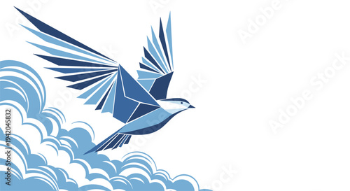Modern geometric bird with blue feathers flies through a series of stylized clouds in a clean and minimal vector art style for nature designs.
