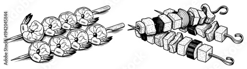Grilled shrimp and meat vegetable skewers on metal sticks hand drawn illustration