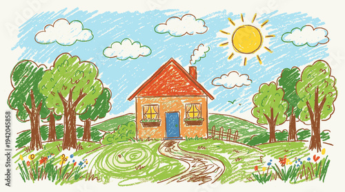 Childs Drawing of a Sunny Day with a House and Trees
