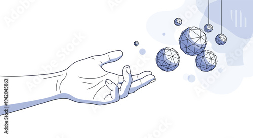 Elegant human hand reaching out towards floating blue geometric spheres in a minimalist and modern illustration representing technology and future.
