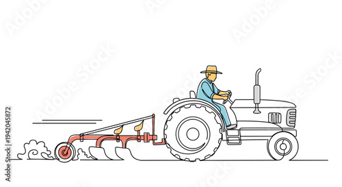 Hardworking farmer drives a modern tractor with a plow attachment through a field in a clean and simple continuous line drawing for agriculture.
