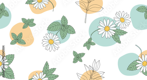 Seamless floral pattern with white daisy flowers and green mint leaves over pastel orange and blue circles creating a fresh and natural design.