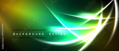 Abstract neon lines create vibrant green, yellow glow. Dark background emphasizes bright curves, modern design elements.