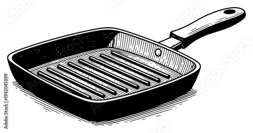 Empty square grill pan with ridges for healthy cooking in hand drawn style