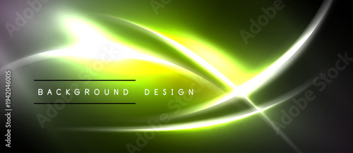 Abstract neon lines create vibrant green, white glow. Dark background emphasizes dynamic curves, modern design elements.