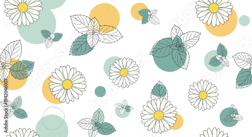 Decorative pattern featuring white daisies and fresh mint leaves over colorful circles in a minimalist style perfect for natural product packaging.