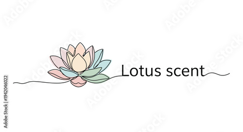 Elegant lotus flower with colorful petals shown in a continuous line drawing style with the words lotus scent written in a handwritten font.