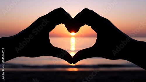 Hands Forming Heart Shape at Sunset Over Ocean, Romantic Scene.