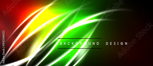 Vibrant abstract lines create dynamic green, yellow, red glow. Dark background emphasizes bright curves, modern design element.