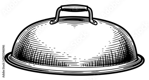 Detailed vintage engraving of a metal cloche or dome grill cover lid with handle
