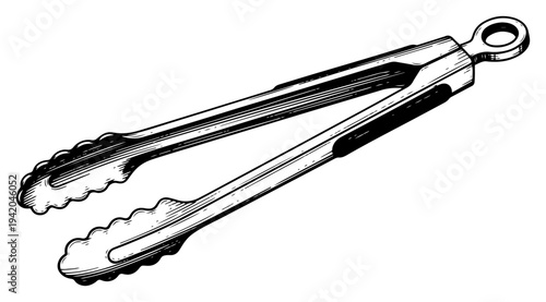 Professional metal barbecue tongs for grilling meat in detailed hand drawn style