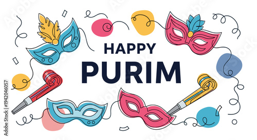 Festive greeting for Happy Purim holiday featuring carnival masks, party whistles, and colorful abstract shapes in a line art style.