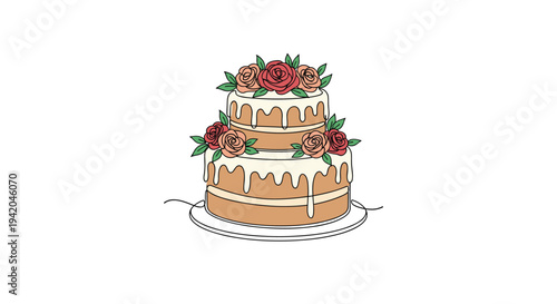 Elegant two-tier naked wedding cake decorated with dripping white icing and beautiful roses in a single line art illustration style.
