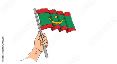 Human hand firmly holding the national flag of Mauritania waving in the wind depicted in a clean line art style on a white background.