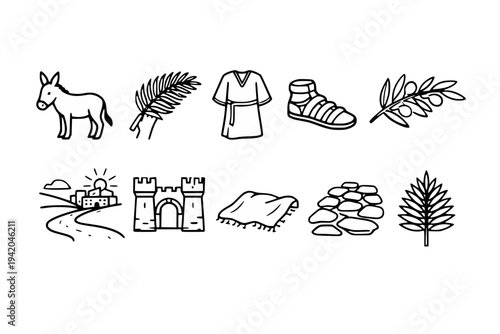 Palm Sunday and Jerusalem Entry Religious Icons Black and White Outline Set