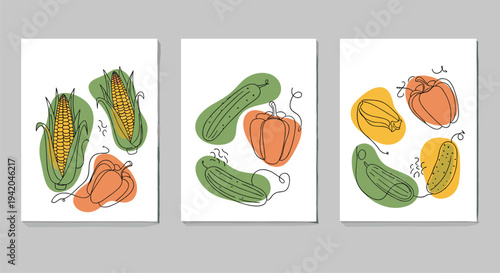 Artistic card set featuring corn, pumpkin, and cucumber drawings combined with abstract organic shapes and soft colors for home decor.
