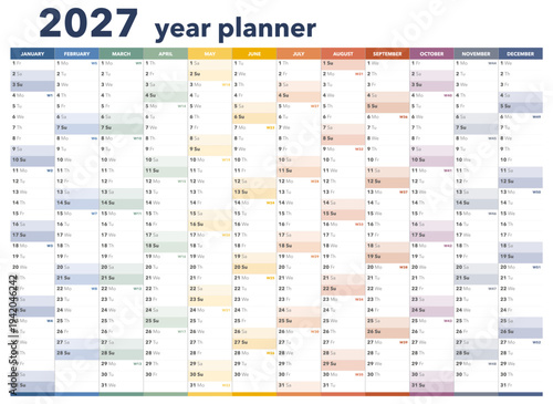 Calendar planner for 2027. Colorful wall calendar in English on a gradient background. Vector