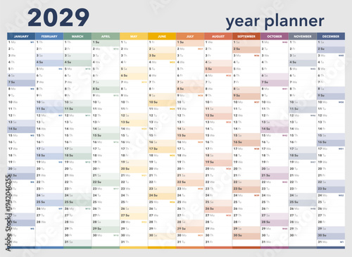 Modern 2029 yearly planner design with spacious monthly grids and habit tracking sections. Ideal for creative businesses and academic scheduling.