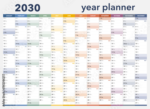 Calendar planner for 2030. Colorful wall calendar in English on a gradient background. Vector