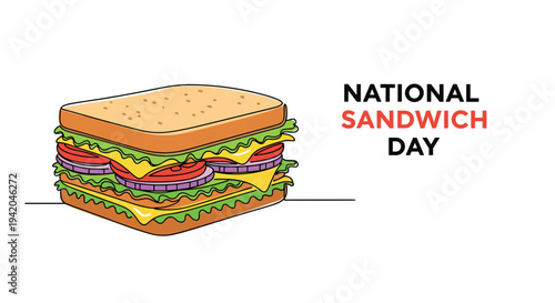 Large multilayered sandwich with cheese, ham, and fresh vegetables for National Sandwich Day advertisement banner with a simple background.