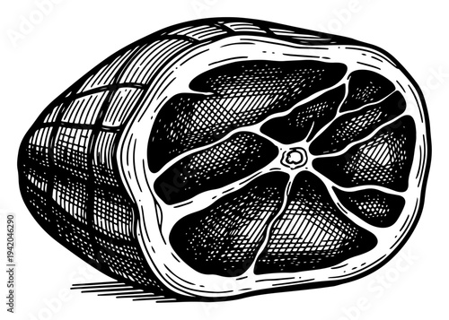 Hand drawn vintage engraving of a sliced ham or roasted meat joint