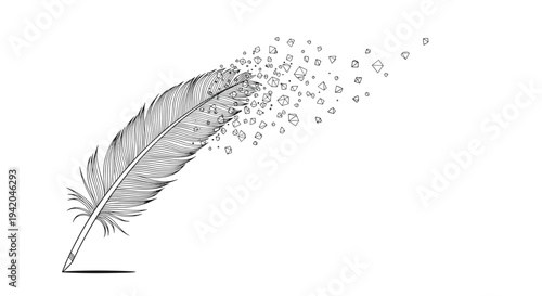 Detailed engraving style illustration of a quill feather pen dissolving into flying geometric stone particles on a white background.