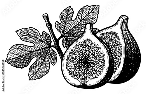 Beautiful vintage hand drawn illustration of fresh figs with leaves and fruit slice
