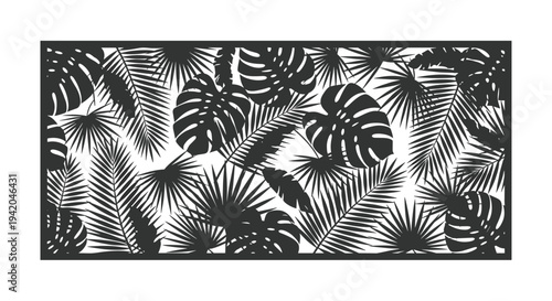 Dense pattern of monstera and palm leaves in black silhouette within a rectangular frame for decorative laser cut or stencil use.
