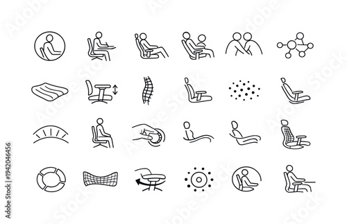 Line style icons of intelligent task-responsive seating: focus posture ring, writing mode tile, relax recline band, collaborative