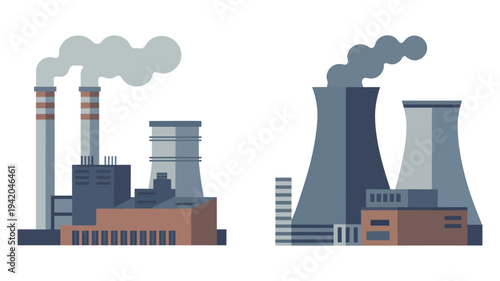 Industrial complex with smokestacks emitting pollution into the atmosphere illustrating factory emissions, environmental pollution