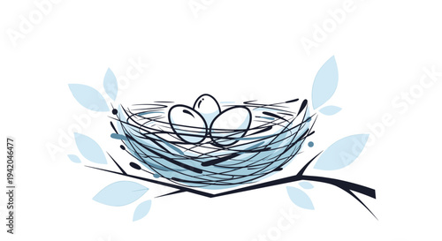 Photos Simple nest on a branch with three bird eggs and blue leaves depicted in a clean and modern artistic line drawing style for home decor
