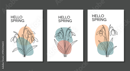 Set of three minimalist Hello Spring panels featuring delicate snowdrop flower line art with abstract colorful shapes for greeting cards.