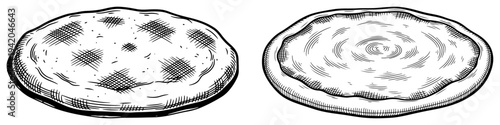 Hand drawn vintage sketch of two empty pizza dough bases on white background