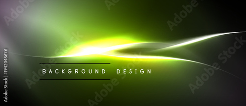 Abstract green design features bright light streaks. Smooth gradients create dynamic visual effect. Text reads background design.