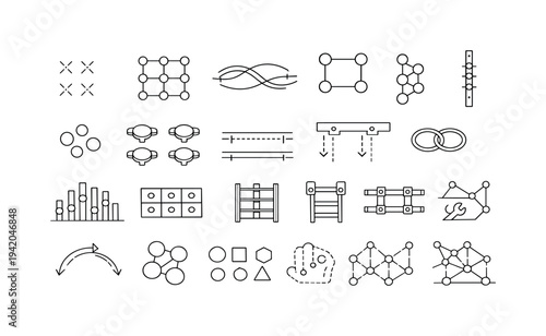 Mounting Solution Icons. Line vector icons of pay-per-hole mounting solutions: rentable fixture marks, pre-made anchor grids,