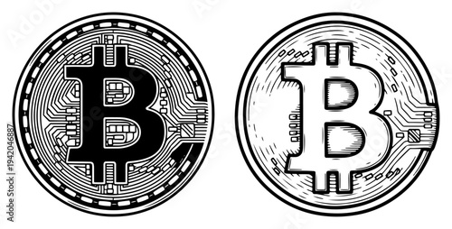 Set of two bitcoin cryptocurrency coins with detailed hatching and circular design
