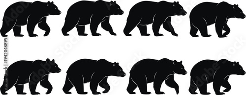 Set of black bear silhouette icons isolated on white background, grizzly animal vector illustrations for forest logos, wilderness wildlife graphic elements.