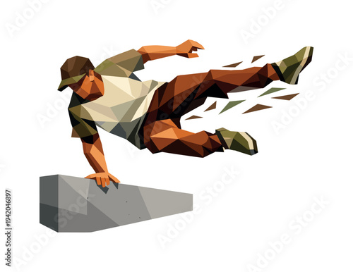 Low-poly vector illustration of a parkour athlete frozen mid–wall vault, full-body runner with sharply faceted anatomy and