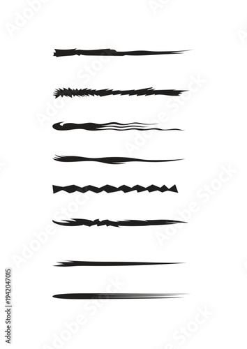Collection of hand-drawn black vector brush strokes and grunge lines. Various textures including charcoal, ink, and dry brush effects for artistic and creative design projects. Black Vector Grunge