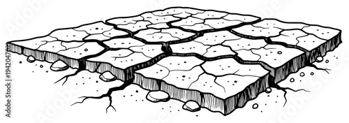 Isometric hand drawn sketch of a section of cracked and parched dry ground