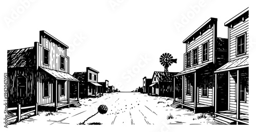 Hand drawn sketch of a wild west town street with wooden buildings and windmill