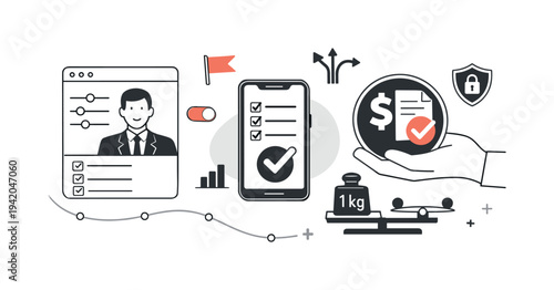 Modern minimal flat vector conceptual collage, crisp hard edges, consistent THIN outline stroke, rounded corners where needed,